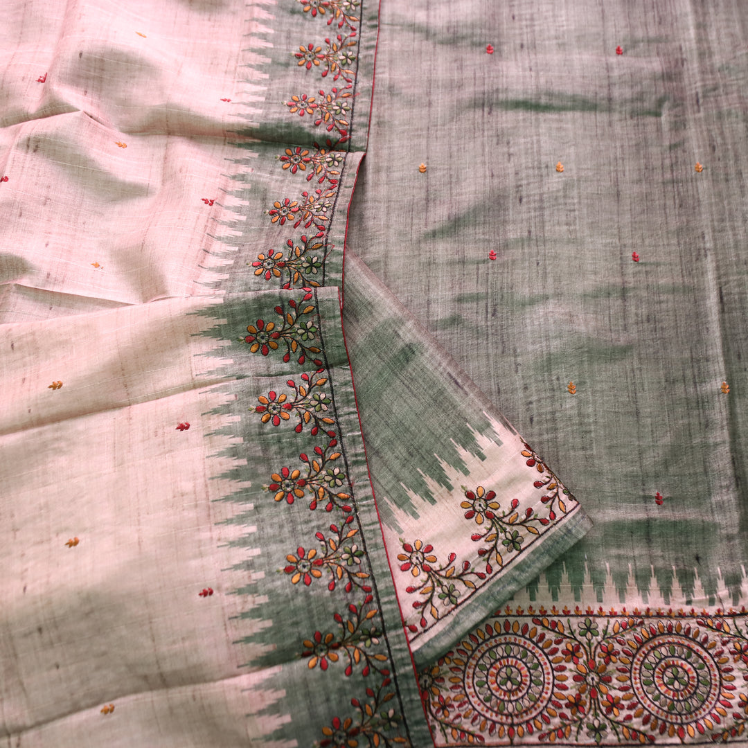 Rishvi Sage Green Thread Embroidered Hemline Tussar Chanderi Silk Set