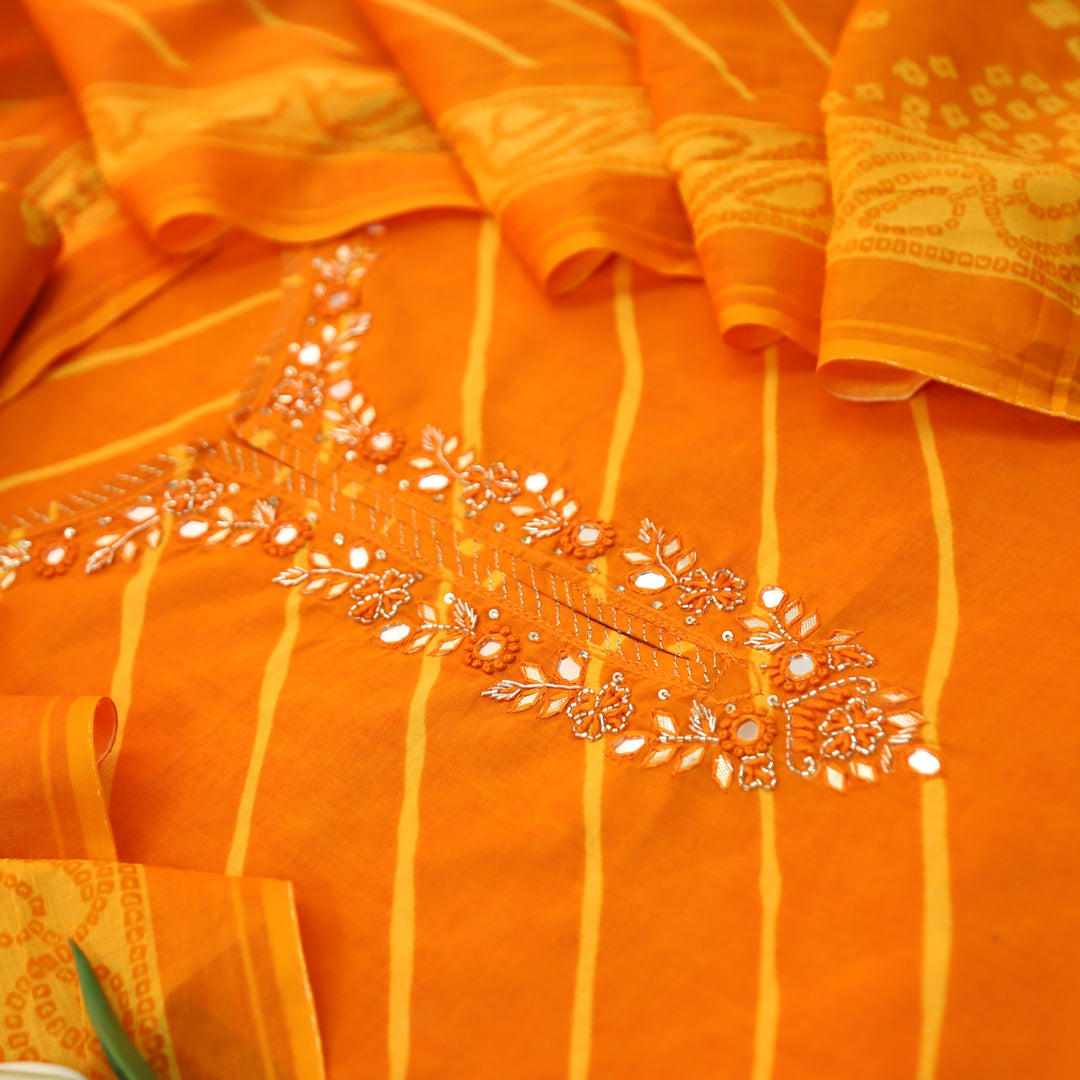 Bilori Tiger Orange Embellish Neck with Leheriya Print Cotton Set