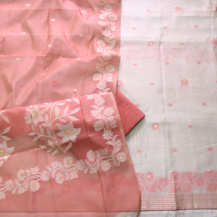 Roop Ivory White with Peach Authentic Jamdani Weaved Suit Set