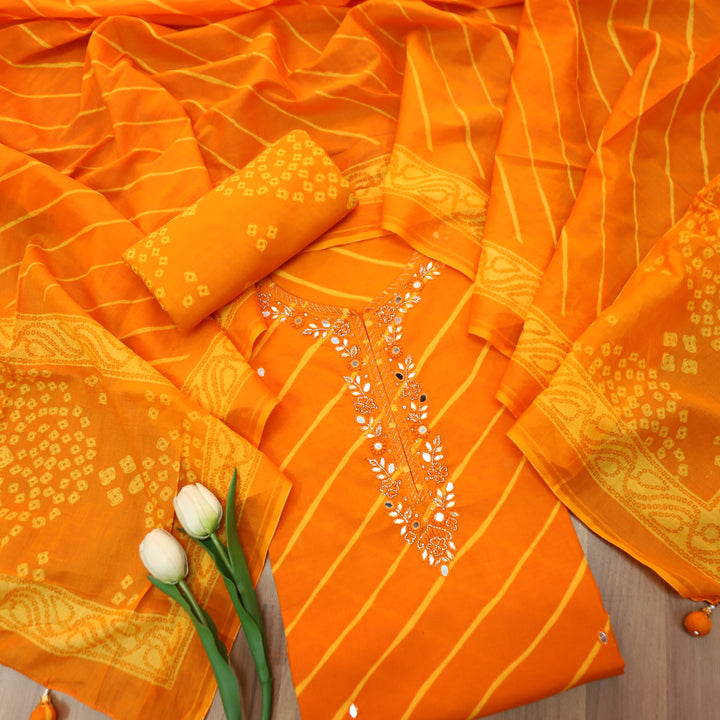 Bilori Tiger Orange Embellish Neck with Leheriya Print Cotton Set