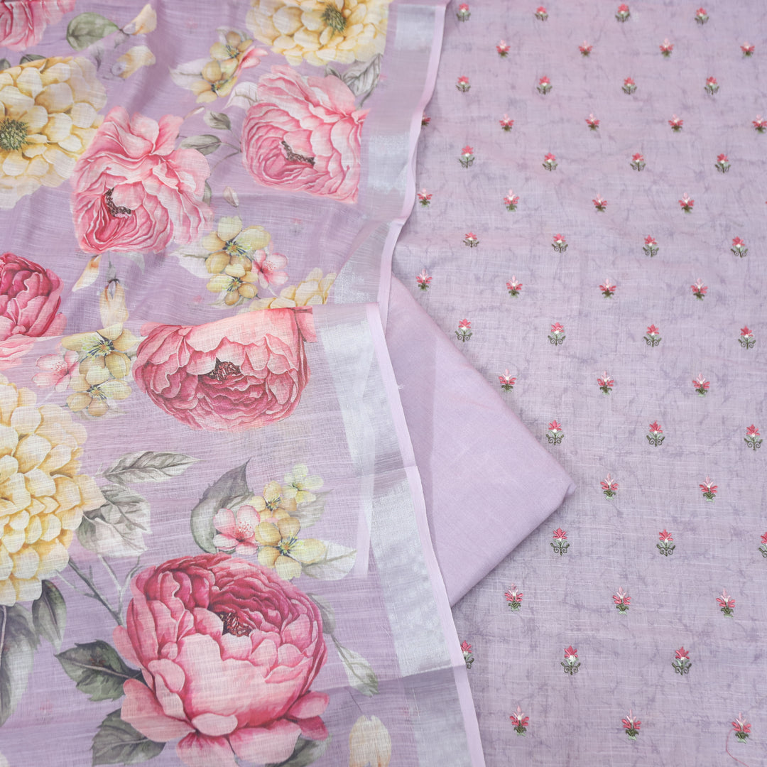 Lilly Tulip Lilac Thread Floral Buti Work Cotton Linen Set