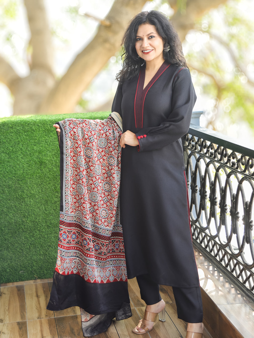 Parul Night Black V Neck with Running Thread Work Semi Pashmina 3 Piece Set