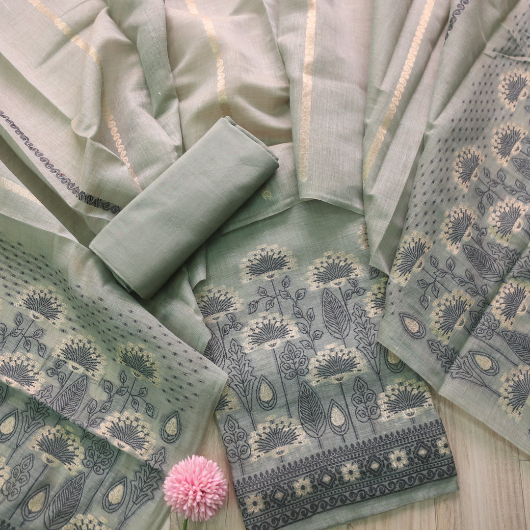 Rashiya Sage Green Thread and Zari Weaved Jamdani Chanderi Suit Set