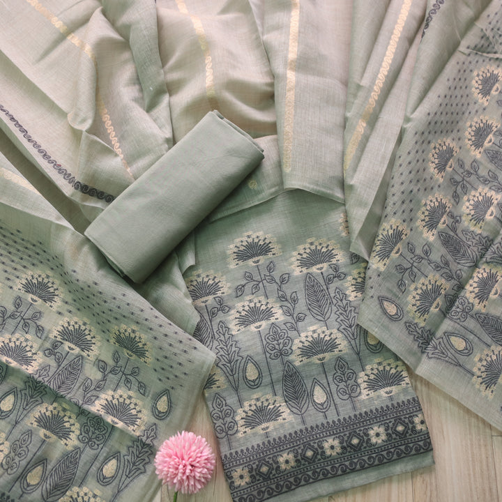 Rashiya Sage Green Thread and Zari Weaved Jamdani Chanderi Suit Set