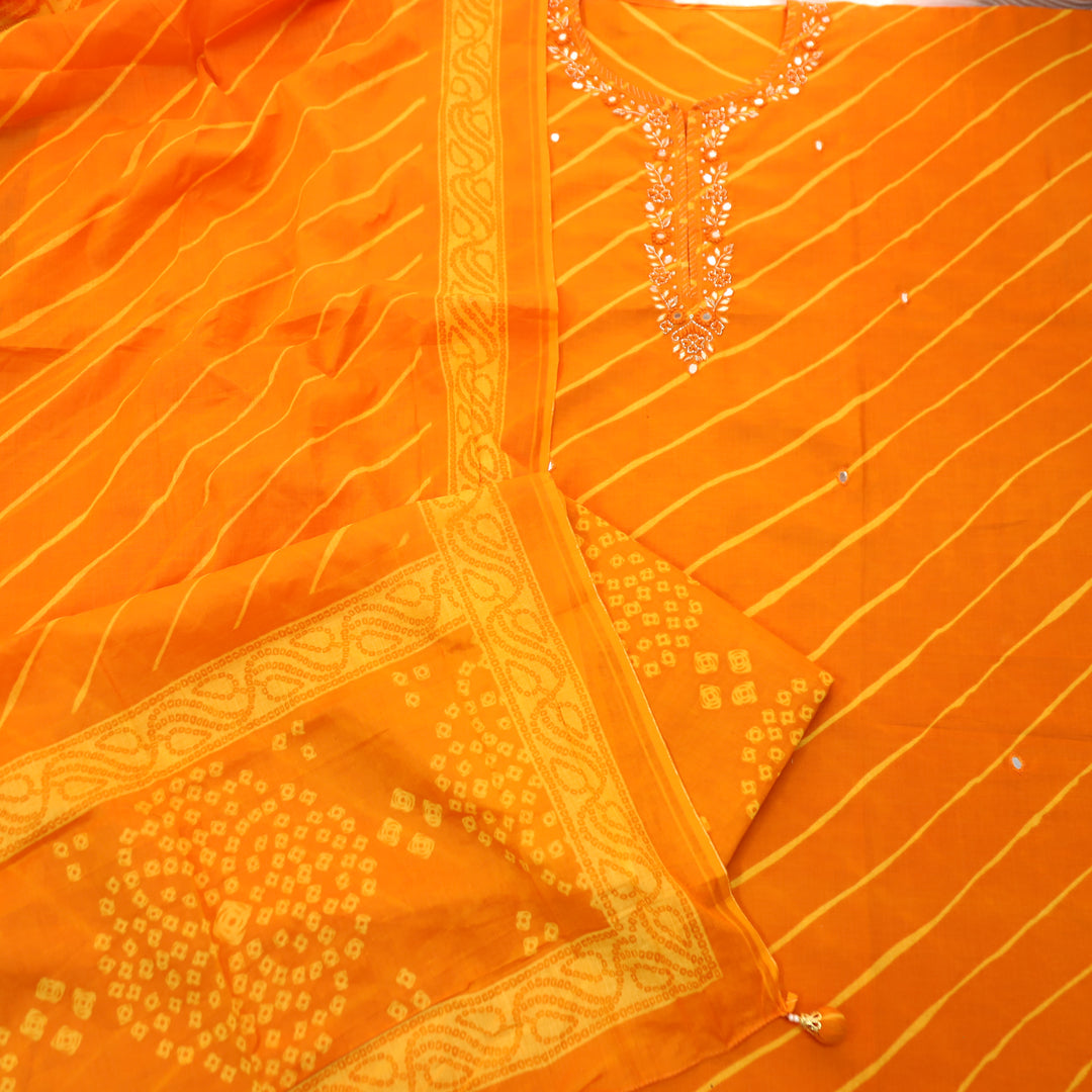 Bilori Tiger Orange Embellish Neck with Leheriya Print Cotton Set