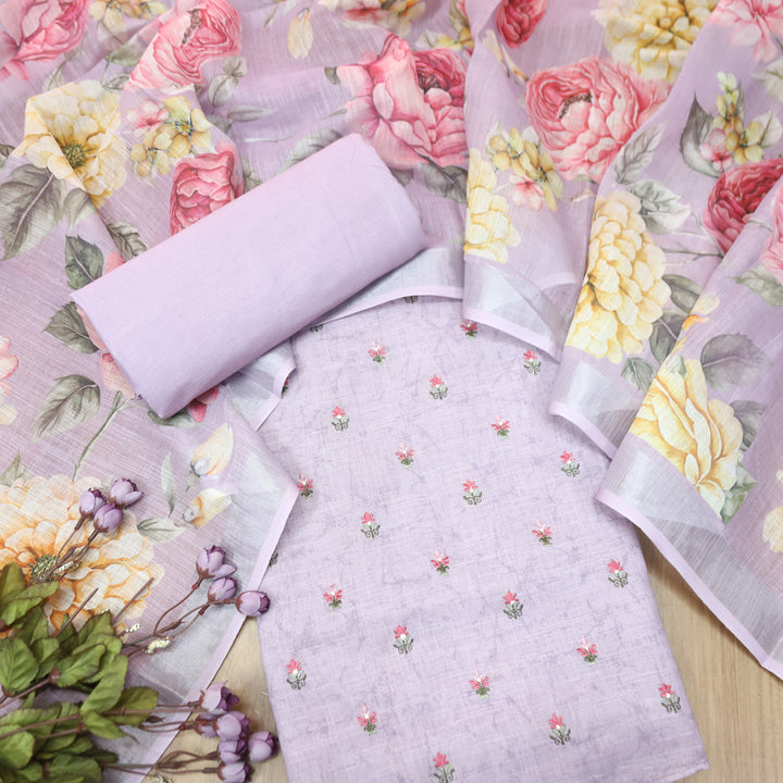 Lilly Tulip Lilac Thread Floral Buti Work Cotton Linen Set