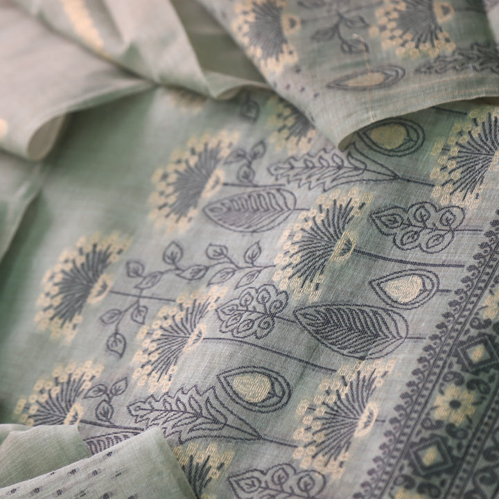 Rashiya Sage Green Thread and Zari Weaved Jamdani Chanderi Suit Set