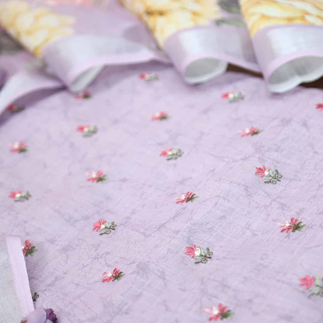 Lilly Tulip Lilac Thread Floral Buti Work Cotton Linen Set