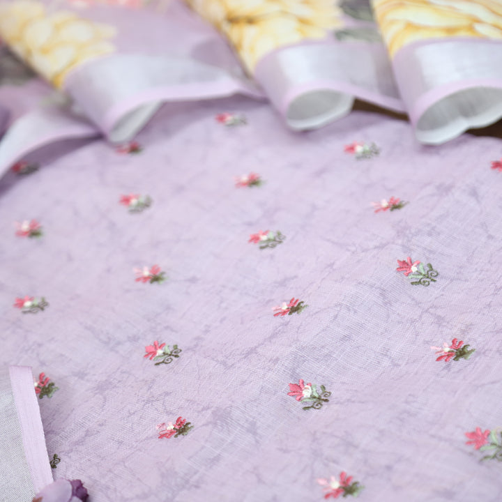 Lilly Tulip Lilac Thread Floral Buti Work Cotton Linen Set