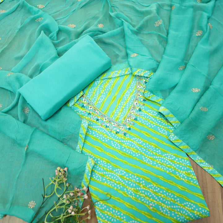 Meher Sea Ocean Green Embellish Work Leheriya Bandhani Cotton Set