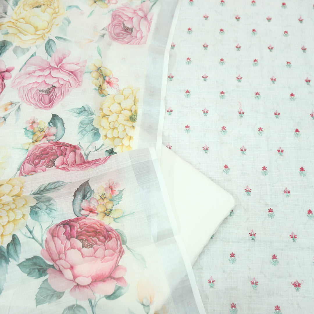 Lilly Shell Beige Thread Floral Buti Work Cotton Linen Set
