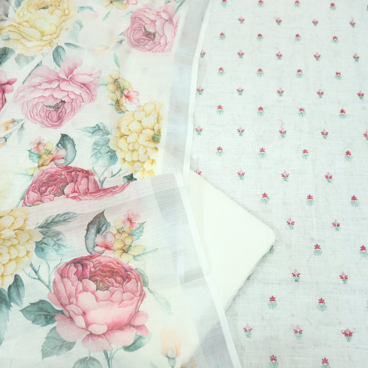 Lilly Shell Beige Thread Floral Buti Work Cotton Linen Set