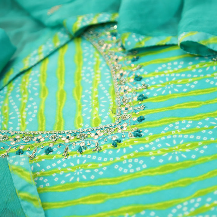 Meher Sea Ocean Green Embellish Work Leheriya Bandhani Cotton Set