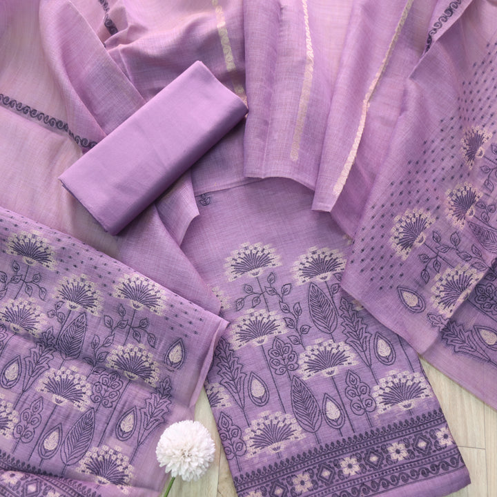 Rashiya Tulip Purple Thread and Zari Weaved Jamdani Chanderi Suit Set