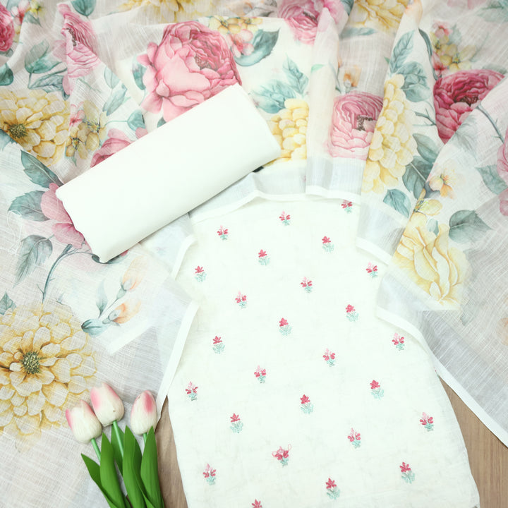 Lilly Shell Beige Thread Floral Buti Work Cotton Linen Set