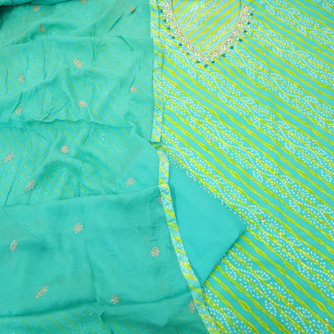Meher Sea Ocean Green Embellish Work Leheriya Bandhani Cotton Set