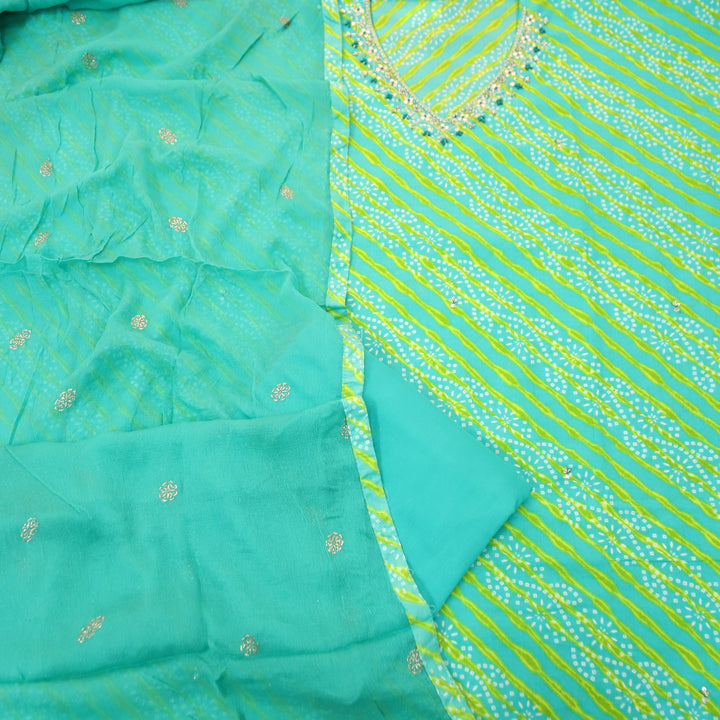 Meher Sea Ocean Green Embellish Work Leheriya Bandhani Cotton Set