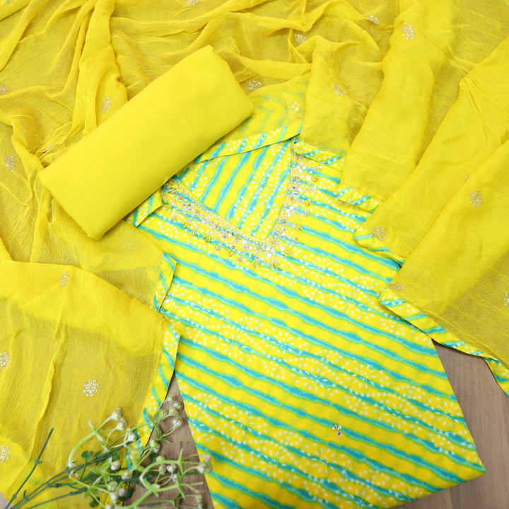 Meher Lemon Yellow Embellish Work Leheriya Bandhani Cotton Set