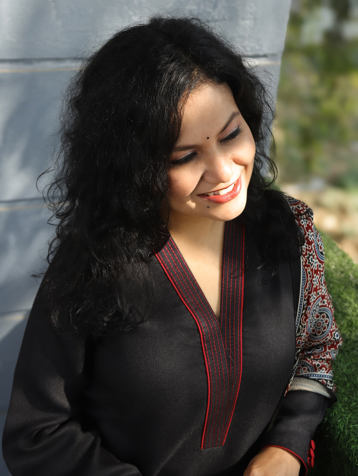 Parul Night Black V Neck with Running Thread Work Semi Pashmina 3 Piece Set