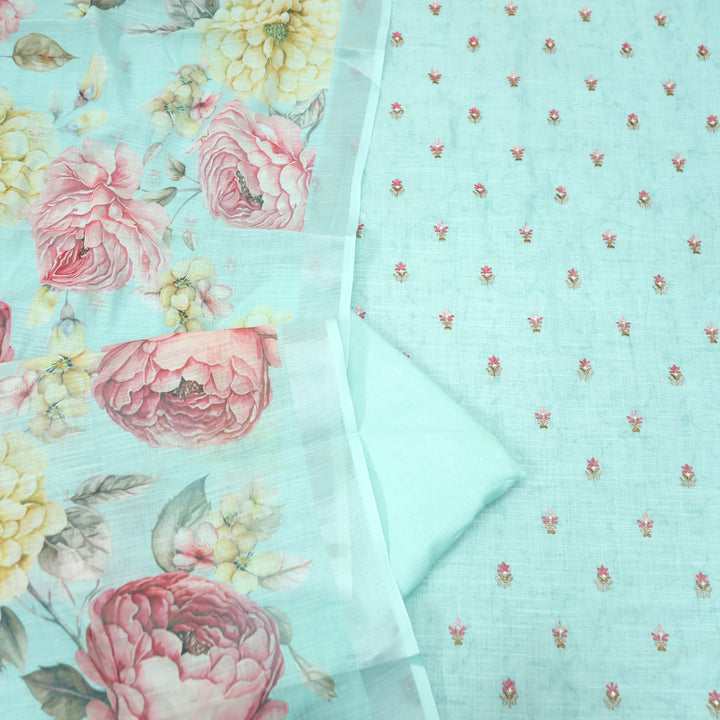 Lilly Aqua Blue Thread Floral Buti Work Cotton Linen Set