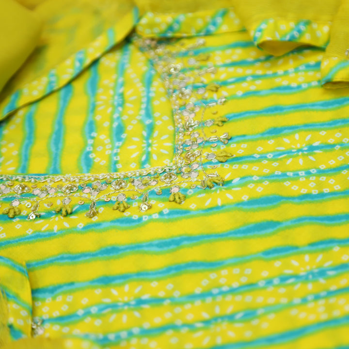 Meher Lemon Yellow Embellish Work Leheriya Bandhani Cotton Set