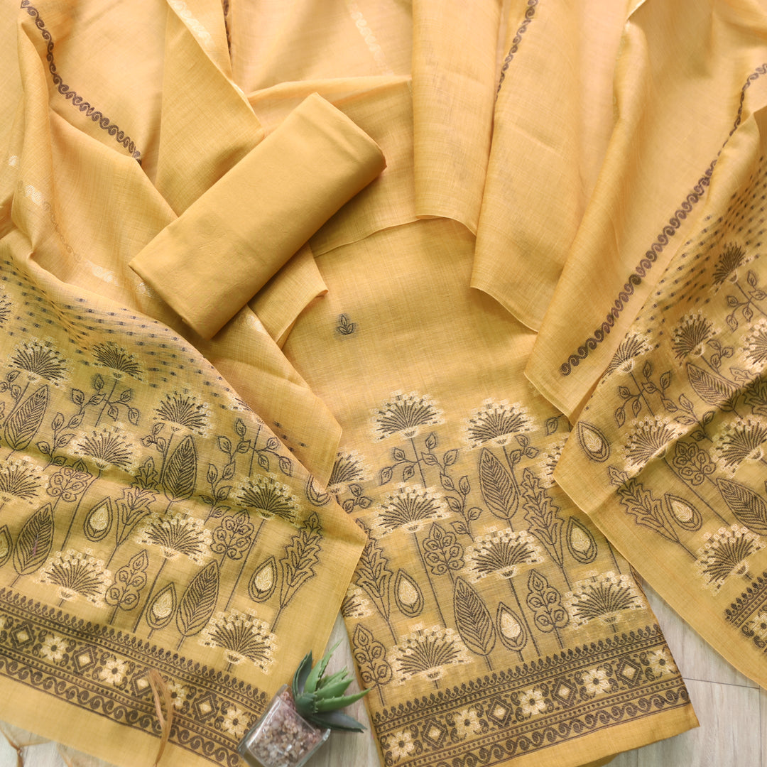 Rashiya Dijon Yellow Thread and Zari Weaved Jamdani Chanderi Suit Set