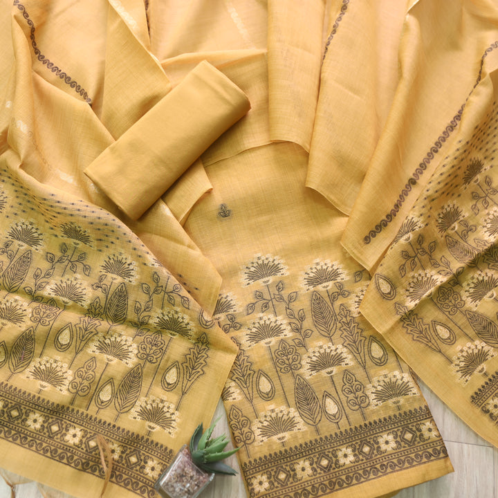 Rashiya Dijon Yellow Thread and Zari Weaved Jamdani Chanderi Suit Set