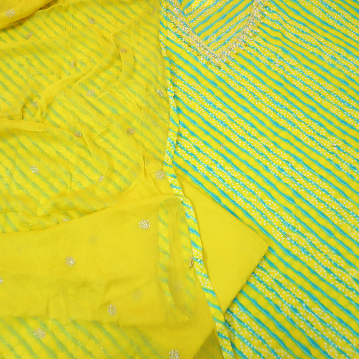 Meher Lemon Yellow Embellish Work Leheriya Bandhani Cotton Set