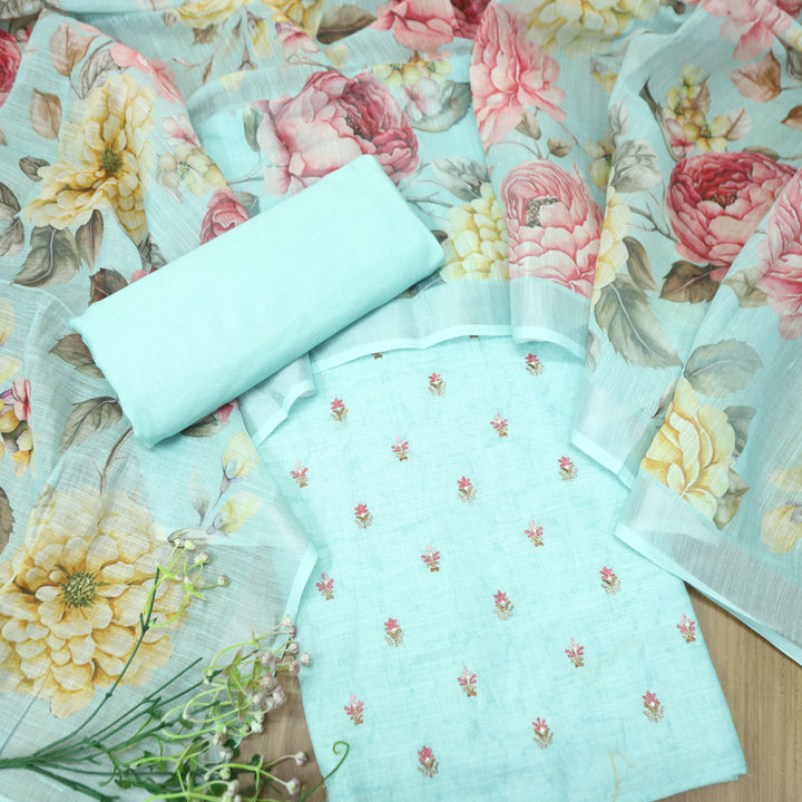 Lilly Aqua Blue Thread Floral Buti Work Cotton Linen Set