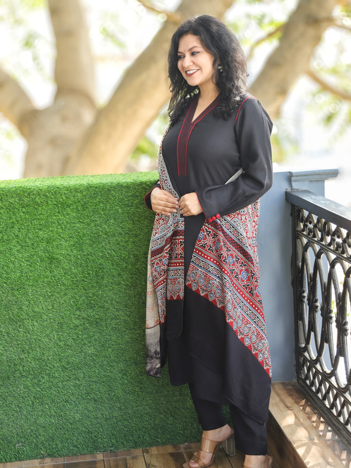 Parul Night Black V Neck with Running Thread Work Semi Pashmina 3 Piece Set