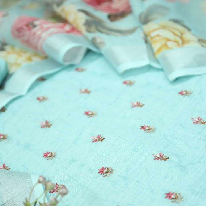 Lilly Aqua Blue Thread Floral Buti Work Cotton Linen Set
