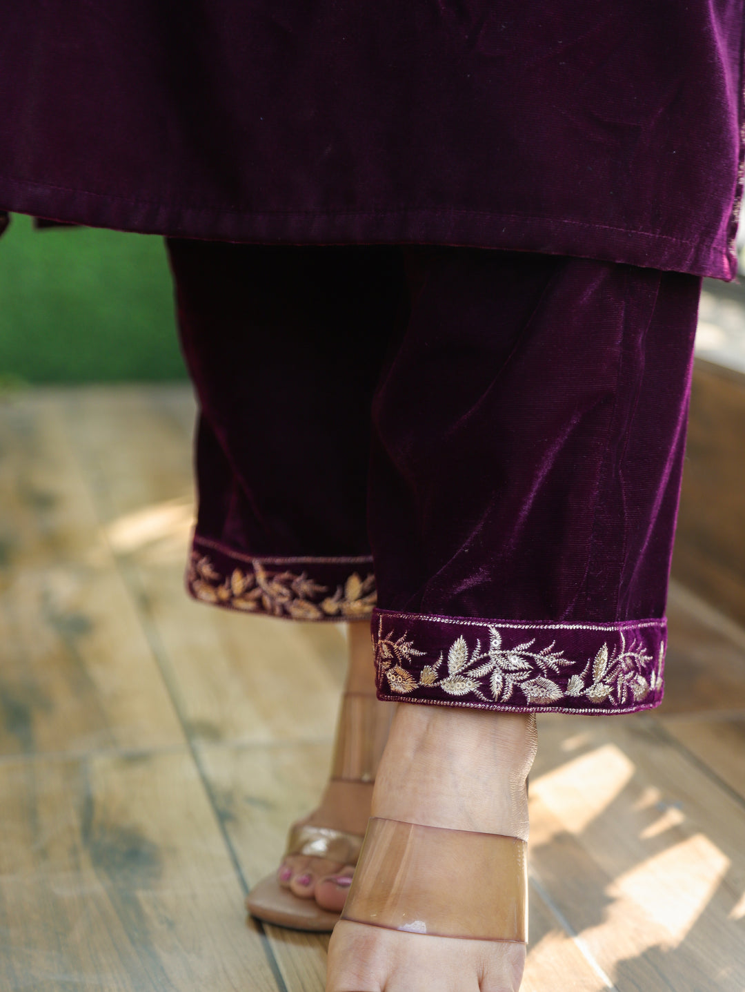 Inayat Raisin Purple Embroidered Hemline Work Velvet Winter Bottom