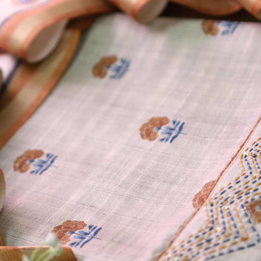 Reetu Tan Beige with Peanut Floral Print Thread Work Hem Tussar Chanderi Silk Set