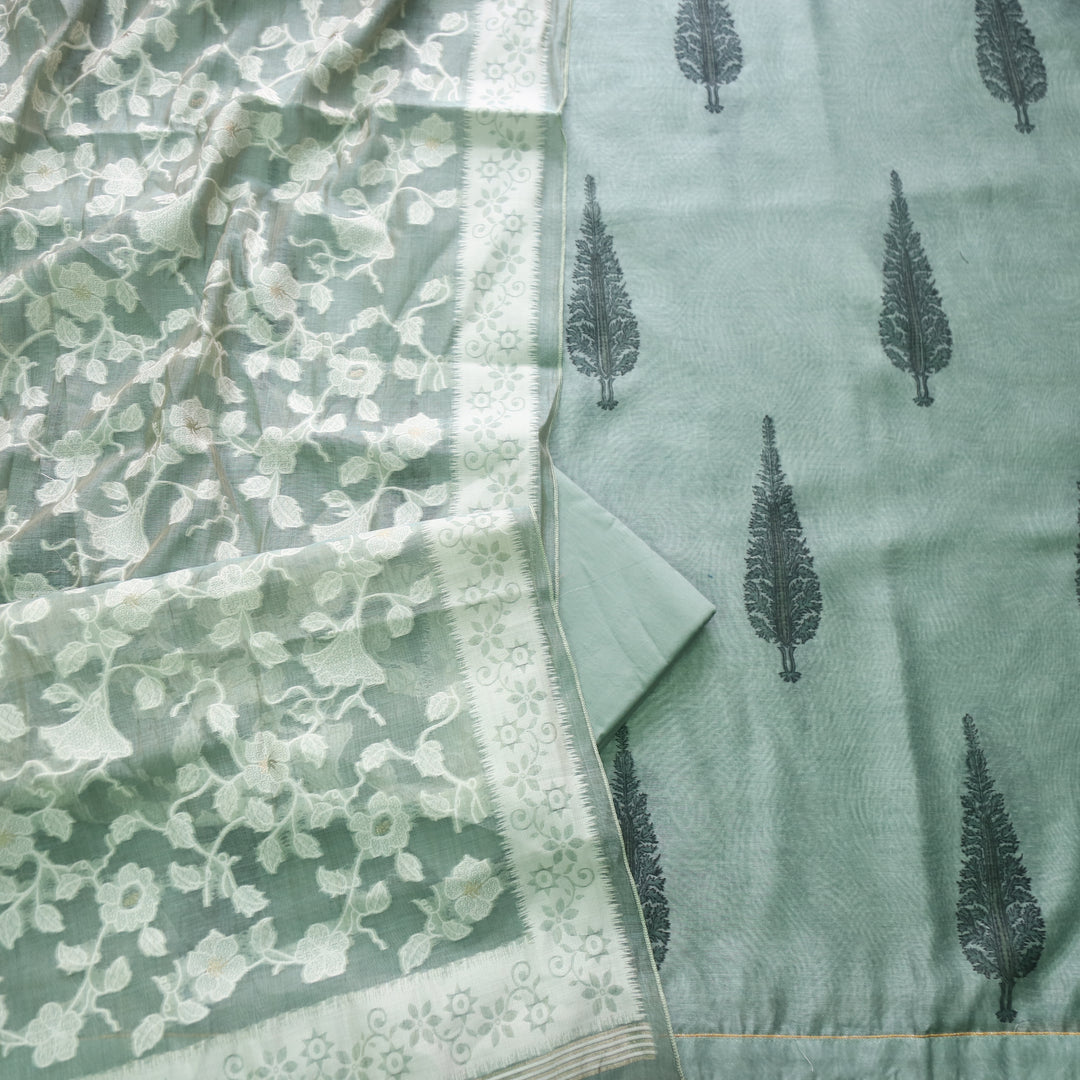 Raajhan Sage Green with Floral Authentic Jamdani Weaved Suit Set