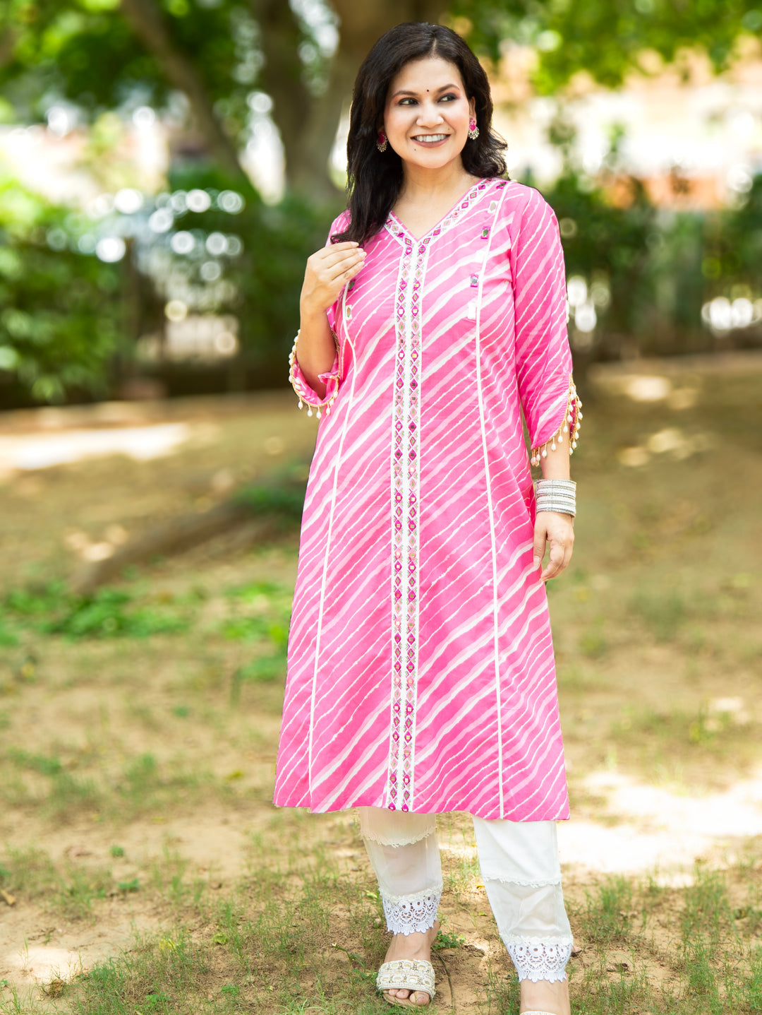 Leher Flamingo Pink Embroidered Lace Panel Leheriya Cotton Kurti
