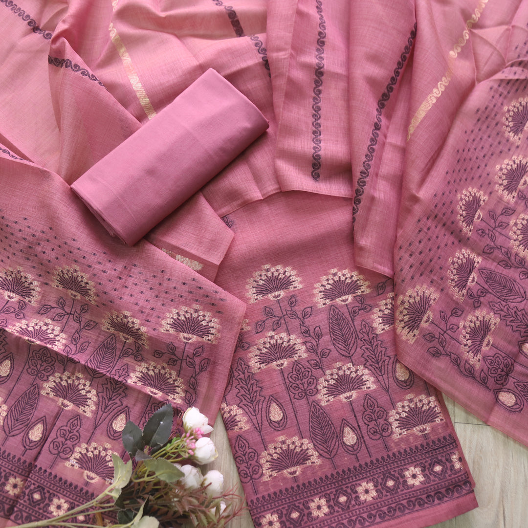 Rashiya Mauve Pink Thread and Zari Weaved Jamdani Chanderi Suit Set
