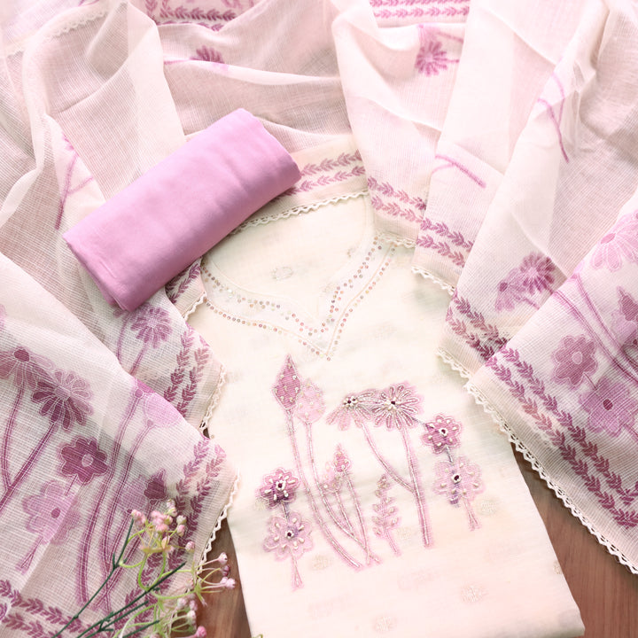Rubiya Cream White with Purple Floral Print with Kardana and Zari Kota Doriya Set