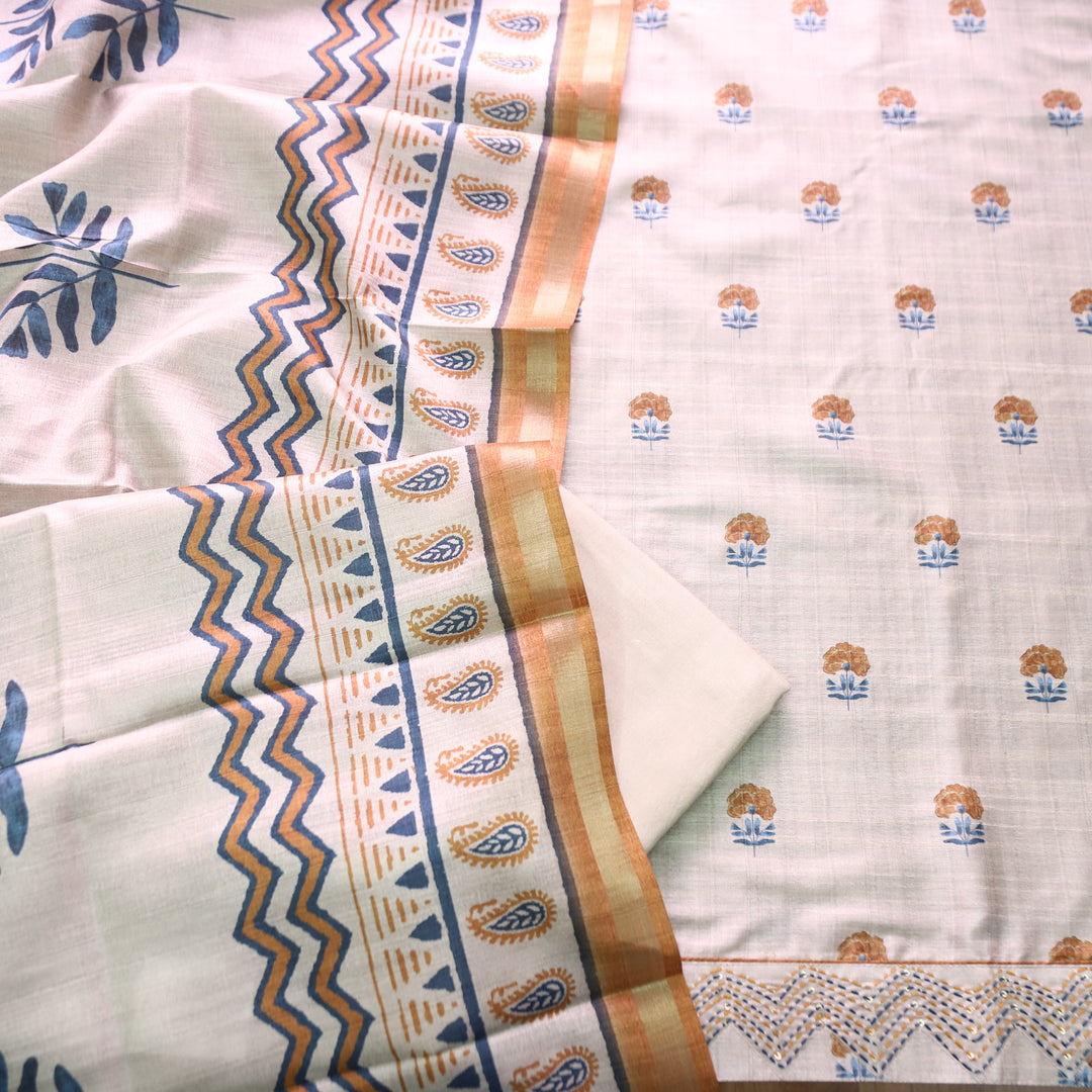 Reetu Tan Beige with Peanut Floral Print Thread Work Hem Tussar Chanderi Silk Set
