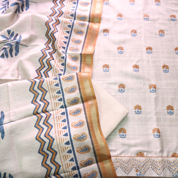 Reetu Tan Beige with Peanut Floral Print Thread Work Hem Tussar Chanderi Silk Set
