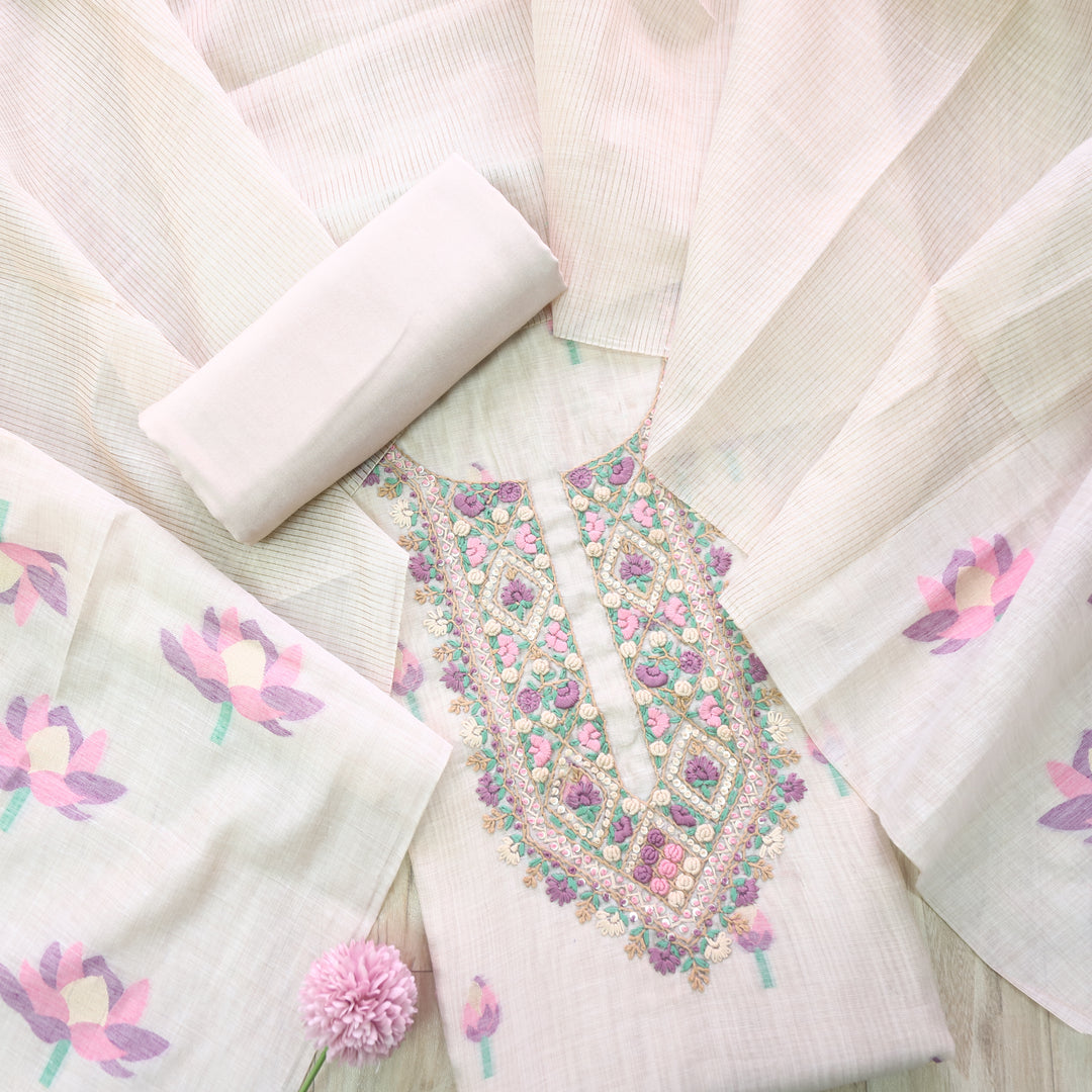 Jamdani Lavis Lavender Thread Neck Work Jamdani Suit Set