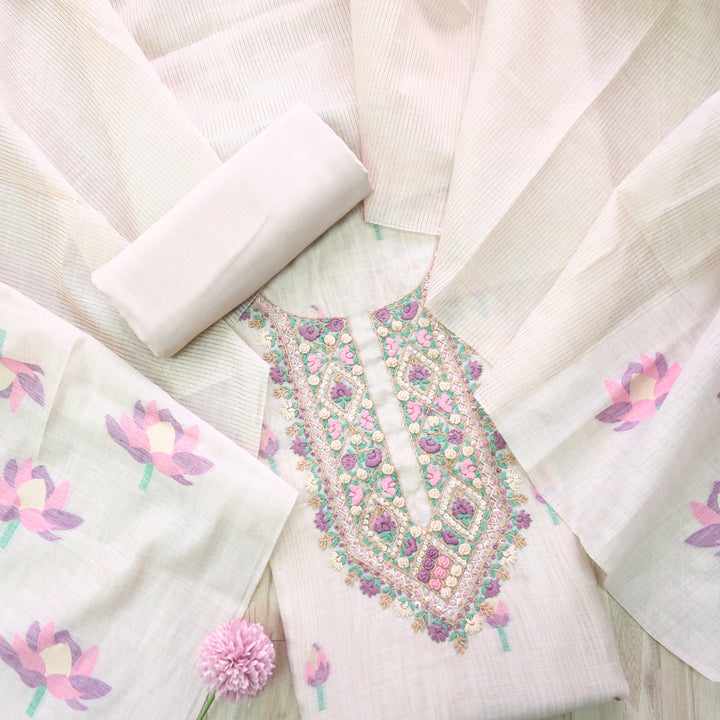 Jamdani Lavis Lavender Thread Neck Work Jamdani Suit Set