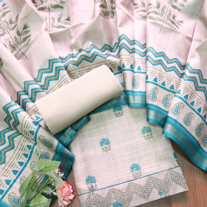 Reetu Tan Beige with Aqua Floral Print Thread Work Hem Tussar Chanderi Silk Set