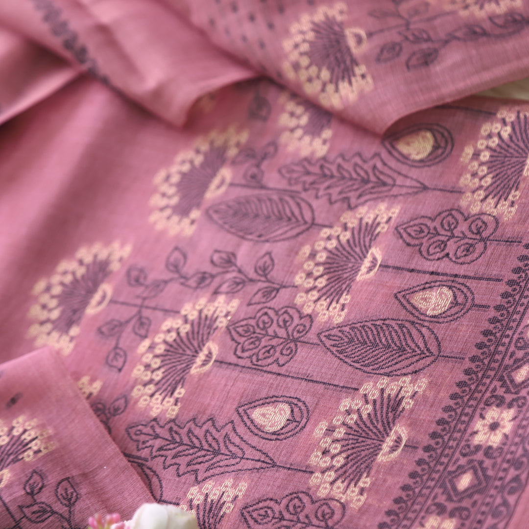 Rashiya Mauve Pink Thread and Zari Weaved Jamdani Chanderi Suit Set