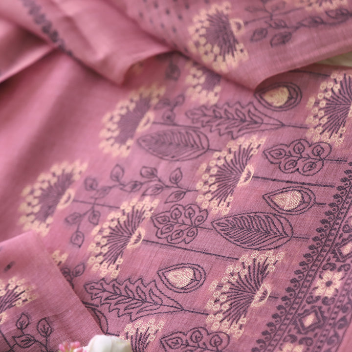 Rashiya Mauve Pink Thread and Zari Weaved Jamdani Chanderi Suit Set