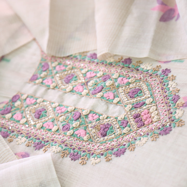 Jamdani Lavis Lavender Thread Neck Work Jamdani Suit Set
