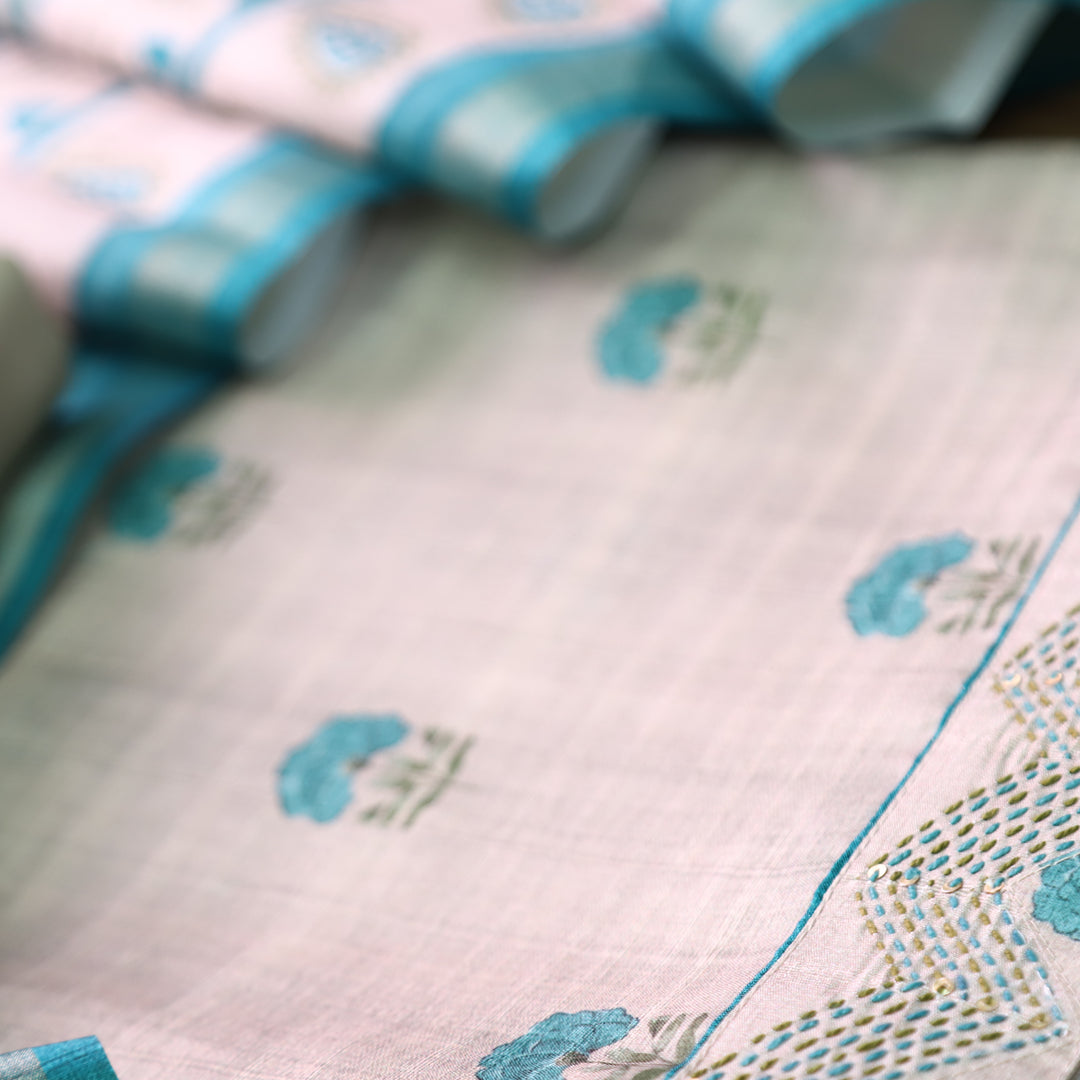 Reetu Tan Beige with Aqua Floral Print Thread Work Hem Tussar Chanderi Silk Set