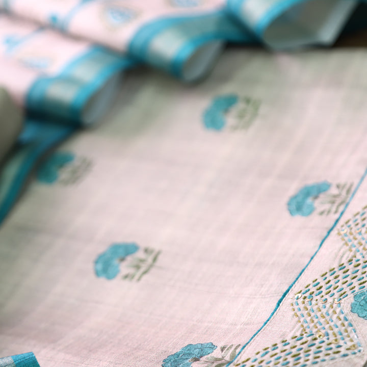 Reetu Tan Beige with Aqua Floral Print Thread Work Hem Tussar Chanderi Silk Set