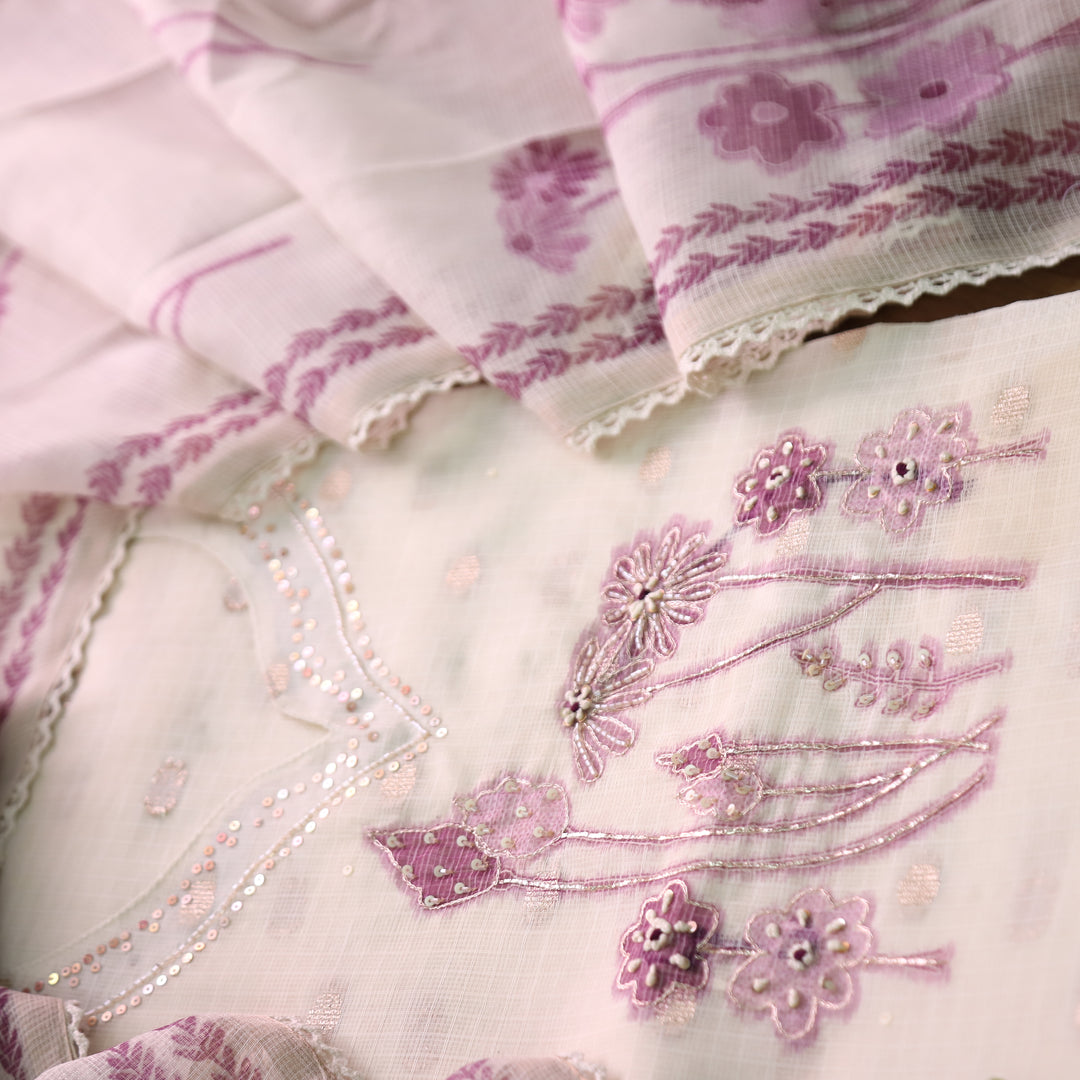 Rubiya Cream White with Purple Floral Print with Kardana and Zari Kota Doriya Set