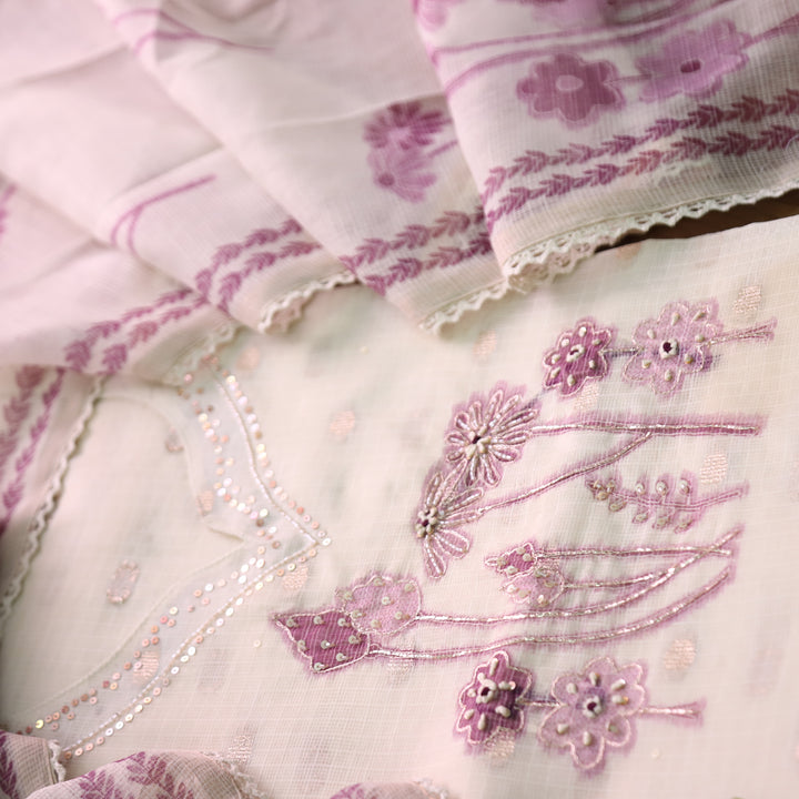 Rubiya Cream White with Purple Floral Print with Kardana and Zari Kota Doriya Set