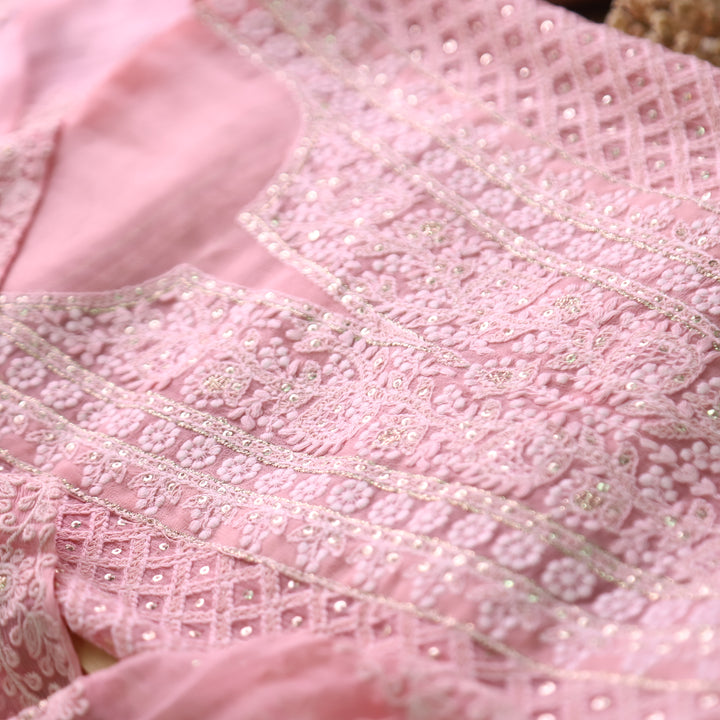 Nushrat Candy Pink All Over Thread Work Georgette Suit Set